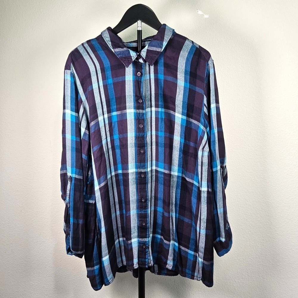 Lane Bryant‎ Plaid Button Down Women 26/28 Purple Blue Rayon Roll Tab Grunge Top